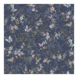 Kék alapon rózsaszín pillangós és virágos tapéta