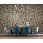 Színes nagy virágmintás tapéta fekete alapon